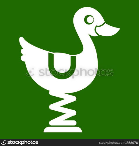 Duck ride in playground icon white isolated on green background. Vector illustration. Duck ride in playground icon green