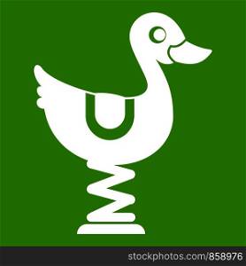 Duck ride in playground icon white isolated on green background. Vector illustration. Duck ride in playground icon green