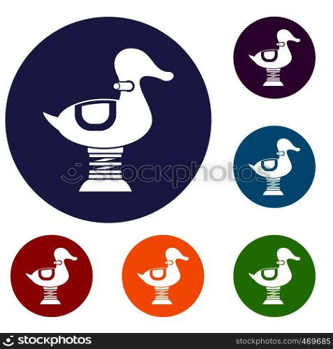 Duck spring see saw icons set in flat circle reb, blue and green color for web. Duck spring see saw icons set