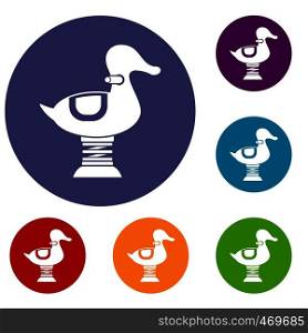 Duck spring see saw icons set in flat circle reb, blue and green color for web. Duck spring see saw icons set