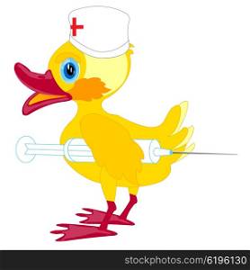 Duckling doctor with syringe. Duckling physician with syringe on white background is insulated