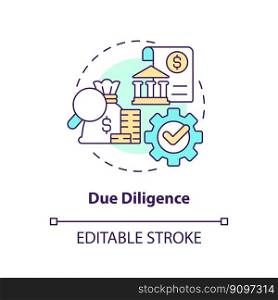 Due diligence concept icon. IT firm development. Venture capital financing benefit abstract idea thin line illustration. Isolated outline drawing. Editable stroke. Arial, Myriad Pro-Bold fonts used. Due diligence concept icon