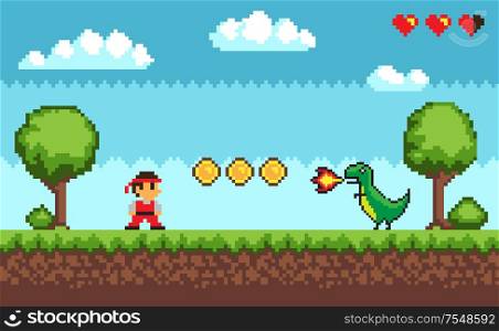 Duel between man and dragon with fire form the mouth near coins and hearts. Old style pixel scree of game on outdoor with trees and cloudy sky vector. Pixel Game, Duel between Man and Dragon Vector
