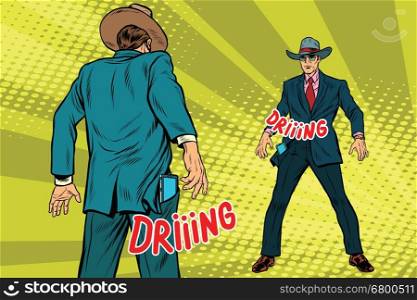 Duel businessmen on smartphones in the style of westerns, pop art retro vector illustration