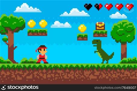 Duel of ninja and dragon characters on ground, green trees and grass, steps with coins and box, heart icon, screen of pixel game, adventure and war vector. Hero Dragon and Ninja, Pixel Game, Duel Vector