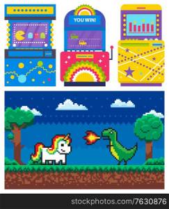 Duel of unicorn and dragon with fire, dark view and green nature. Game machine set, old video-game, superhero and computer, joystick symbol vector. 8 bit pixel ojects for app game. Game Machine, Unicorn and Dragon, Pixel Vector
