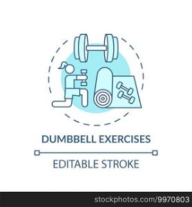Dumbbell exercises concept icon. At-home workout session idea thin line illustration. Building endurance. Enhancing lean mass. Vector isolated outline RGB color drawing. Editable stroke. Dumbbell exercises concept icon