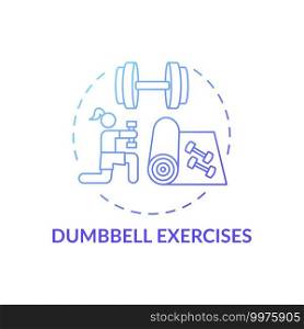 Dumbbell exercises concept icon. At-home workout session idea thin line illustration. Strength training. Boosting your self-esteem. Creating aerobic workouts. Vector isolated outline RGB color drawing. Dumbbell exercises concept icon
