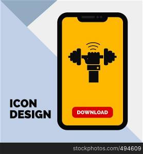 Dumbbell, gain, lifting, power, sport Glyph Icon in Mobile for Download Page. Yellow Background. Vector EPS10 Abstract Template background