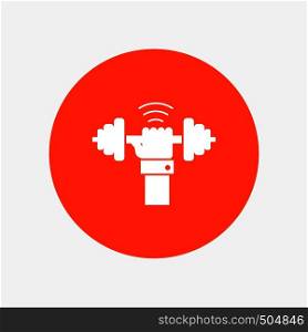 Dumbbell, gain, lifting, power, sport White Glyph Icon in Circle. Vector Button illustration. Vector EPS10 Abstract Template background