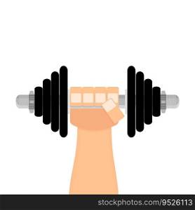 Dumbbell in hand flat cartoon. Vector training strong, sport power with dumbbell illustration. Dumbbell in hand flat cartoon