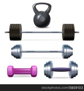 Dumbbells barbells and weight fitness and bodybuilding equipment realistic icons set isolated vector illustration. Dumbbells Barbells And Weight