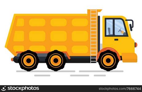 Dump truck of transportation of soil, empty trucking automobile. Yellow lorry with stairs, side view of cargo auto on road, construction work, car vector. Construction Car with Stairs, Dump Truck Vector