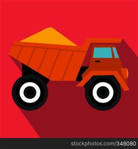 Dump truck with sand icon in flat style on a pink background. Dump truck with sand icon, flat style