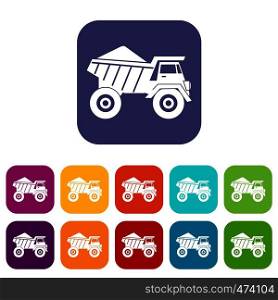Dump truck with sand icons set vector illustration in flat style In colors red, blue, green and other. Dump truck with sand icons set