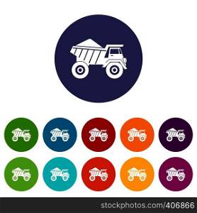 Dump truck with sand set icons in different colors isolated on white background. Dump truck with sand set icons