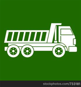 Dumper truck icon white isolated on green background. Vector illustration. Dumper truck icon green