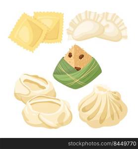 dumpling chinese set cartoon. gyoza fried, rice ravioli manti khinkali, korean asian food dumpling chinese vector illustration. dumpling chinese set cartoon vector illustration