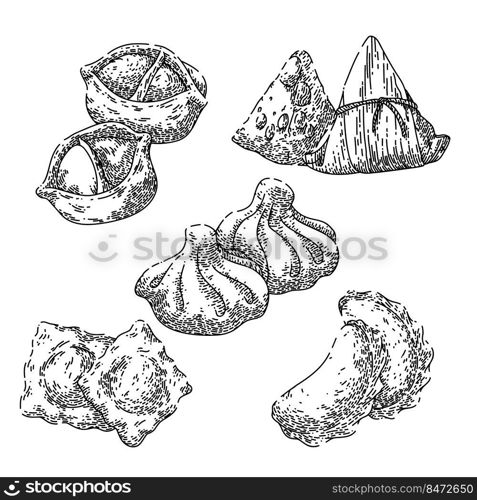 dumpling chinese set hand drawn vector. gyoza fried, rice ravioli manti khinkali, korean asian food dumpling chinese sketch. isolated black illustration. dumpling chinese set sketch hand drawn vector