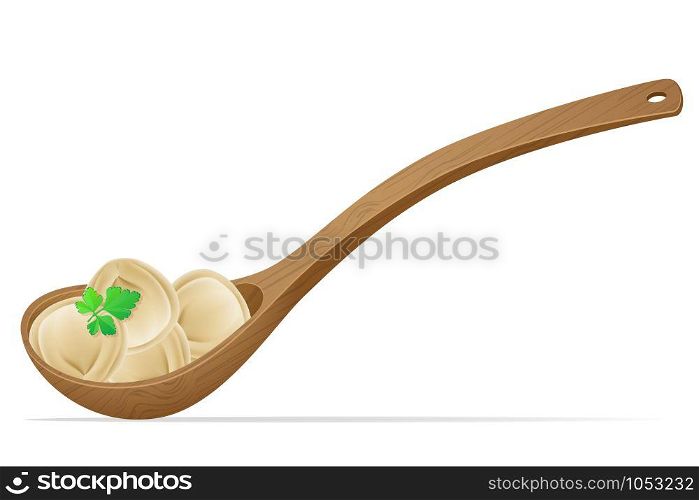 dumplings pelmeni of dough with a filling and greens in the spoon vector illustration isolated on white background