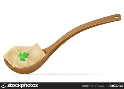 dumplings ravioli of dough with a filling and greens in the spoon vector illustration isolated on white background