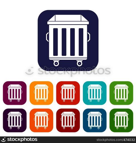 Dumpster on wheels icons set vector illustration in flat style In colors red, blue, green and other. Dumpster on wheels icons set