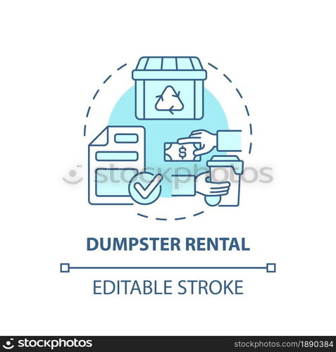 Dumpster rental blue concept icon. Waste management service abstract idea thin line illustration. Roll off dumpster. Trash container. Vector isolated outline color drawing. Editable stroke. Dumpster rental blue concept icon