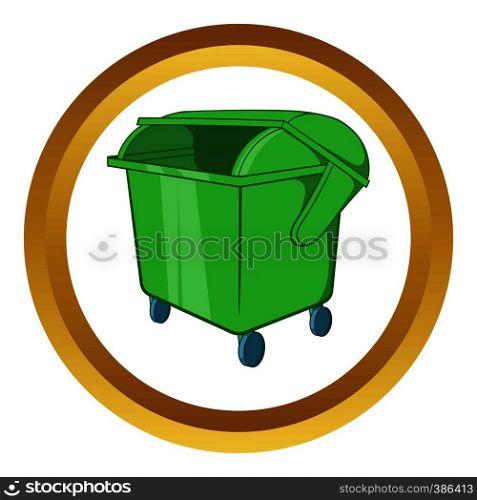 Dumpster vector icon in golden circle, cartoon style isolated on white background. Dumpster vector icon