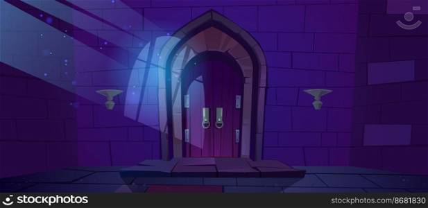 Dungeon, medieval castle night interior with moonlight fall on wood arched door and barred window shadow on stone wall. Entry in ancient palace cartoon vector illustration. Dungeon, medieval castle night interior