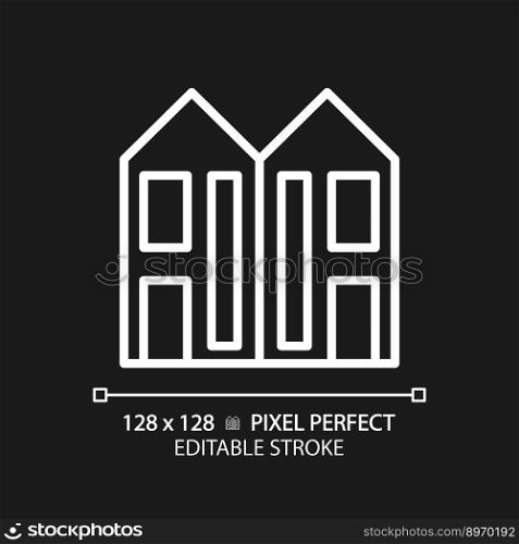 Duplex pixel perfect white linear icon for dark theme. Two dwelling units. Attached houses. Real estate. Multifalmily home. Thin line illustration. Isolated symbol for night mode. Editable stroke. Duplex pixel perfect white linear icon for dark theme