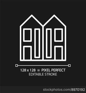 Duplex pixel perfect white linear icon for dark theme. Two dwelling units. Attached houses. Real estate. Multifalmily home. Thin line illustration. Isolated symbol for night mode. Editable stroke. Duplex pixel perfect white linear icon for dark theme