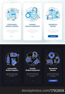Durable medical equipment onboarding mobile app page screen. Charity walkthrough 3 steps graphic instructions with concepts. UI, UX, GUI vector template with linear night and day mode illustrations. Durable medical equipment onboarding mobile app page screen.