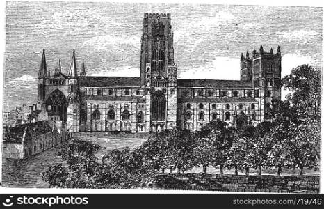 Durham Cathedral in England, United Kingdom, during the 1890s, vintage engraving. Old engraved illustration of Durham Cathedral.