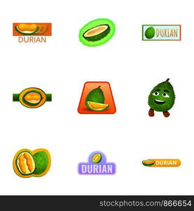 Durian logo set. Cartoon set of 9 durian vector logo for web design isolated on white background. Durian logo set, cartoon style