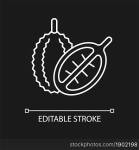 Durian white linear icon for dark theme. Bittersweet fruit in Singapore. Fruit with fragrance. Thin line customizable illustration. Isolated vector contour symbol for night mode. Editable stroke. Durian white linear icon for dark theme