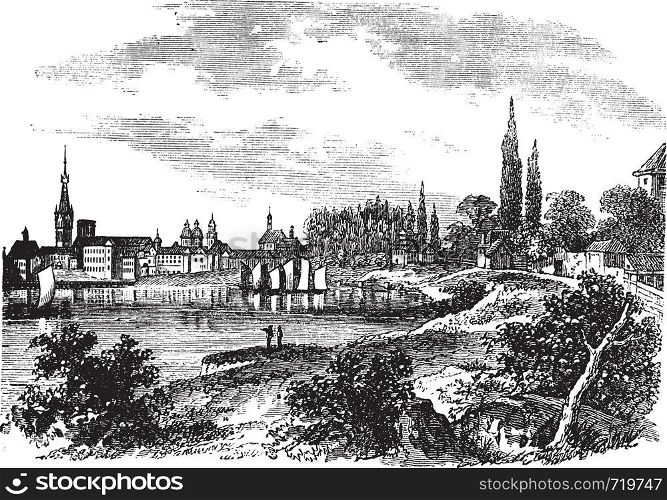 Dusseldorf in North Rhine-Westphalia, Germany, during the 1890s, vintage engraving. Old engraved illustration of Dusseldorf.