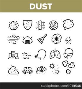 Dust And Polluted Air Collection Icons Set Vector Thin Line. Mask And Respirator, Lungs And Nose, Environment Pollution And Dust Concept Linear Pictograms. Monochrome Contour Illustrations. Dust And Polluted Air Collection Icons Set Vector
