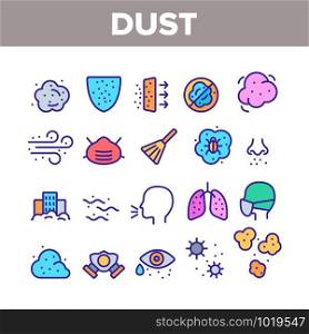 Dust And Polluted Air Collection Icons Set Vector Thin Line. Mask And Respirator, Lungs And Nose, Environment Pollution And Dust Concept Linear Pictograms. Color Contour Illustrations. Dust And Polluted Air Color Icons Set Vector