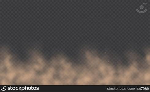 Dust cloud, road dirt, brown sandstorm explosion in desert concept. Dirty sandy cloud isolated on a transparent background. Vector illustration.. Dust cloud, road dirt, brown sandstorm explosion in desert concept.