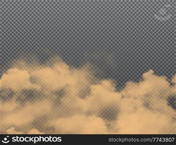 Dust, sand dirt clouds on transparent background. Realistic vector road dust, car smoke and desert sand storm wind. City smog toxic haze, environment atmosphere pollution and dirty air backdrop. Dust cloud, sand storm and smog realistic backdrop