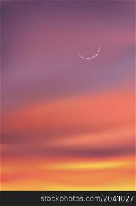 Dust sky with crescent moon, Concept for symbol of religion islamic,Eid Mubarak, Ramadan month, Eid al-Adha, Eid al fitr background,Beautiful sunset with colouful sky in pink,orange.Vertical beautiful nature twilight sky