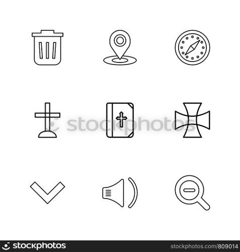 dustbin , navigation , compass, church , bible, cross , good , speaker, search , zoom out , icon, vector, design, flat, collection, style, creative, icons
