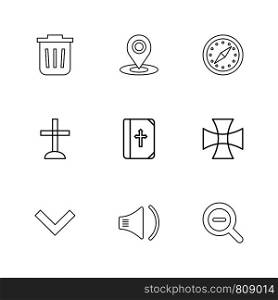 dustbin , navigation , compass, church , bible, cross , good , speaker, search , zoom out , icon, vector, design, flat, collection, style, creative, icons
