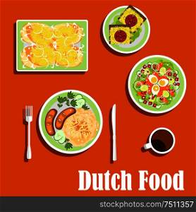 Dutch cuisine food icons with sauerkraut and potatoes with sausages, salad with salmon, eggs, cucumbers and lettuce, ginger bread with cheese and tomatoes, hot sandwiches with fried fish and cheese. Dutch cuisine traditional dishes and snacks