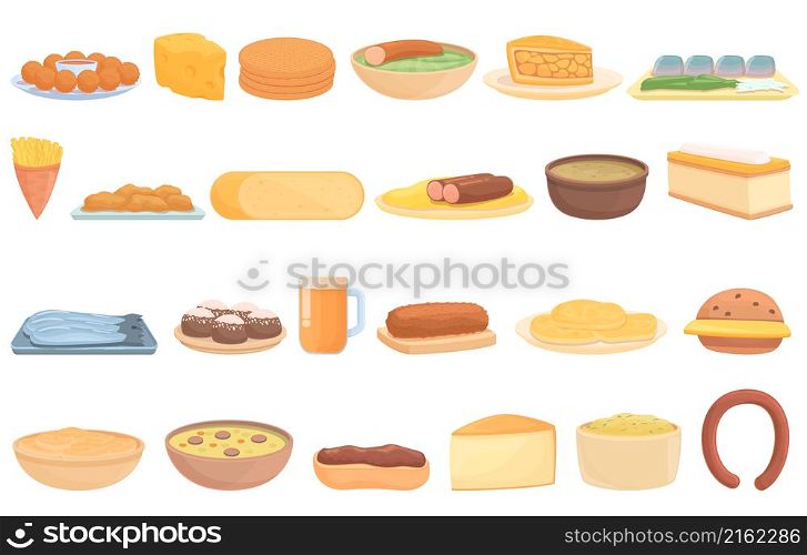 Dutch cuisine icons set cartoon vector. Cheese dairy. Emmental gourmet. Dutch cuisine icons set cartoon vector. Cheese dairy