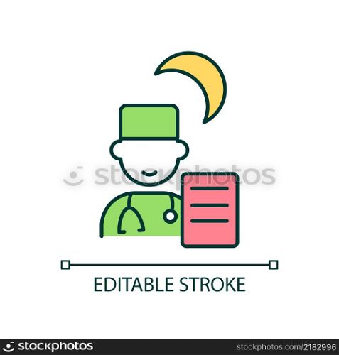 Duty doctor RGB color icon. Night shift physician. Urgent medical help. First aid. Diagnosing and treatment. Isolated vector illustration. Simple filled line drawing. Editable stroke. Arial font used. Duty doctor RGB color icon
