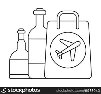 Duty free icon vector in outline style. Bag with bottle are shown. Airline sign on the bag side.. Duty free icon vector in outline style. Bag with bottle are shown. Airline sign on the bag