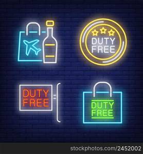 Duty free neon sign set. Bottle of alcohol, shopping bag, signboard. Colorful billboard, bright banner. Vector illustration in neon style for topics like travel, air trip, airport