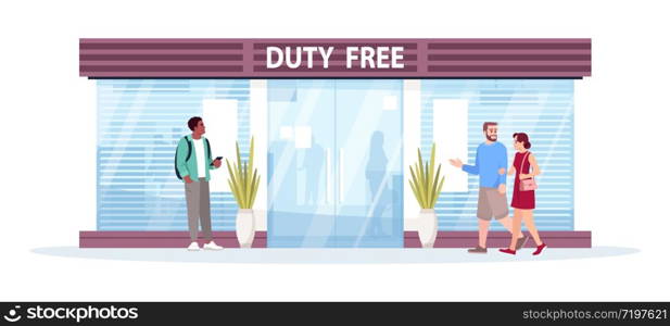 Duty free shop front semi flat vector illustration. People buy products before flight. International zone, tax free department store. Airplane passengers 2D cartoon characters for commercial use