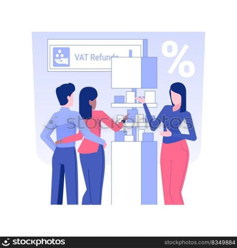 Duty free shop isolated concept vector illustration. Happy young couple shopping in airport duty free, tax free business, discount goods, money refund, make a purchase vector concept.. Duty free shop isolated concept vector illustration.